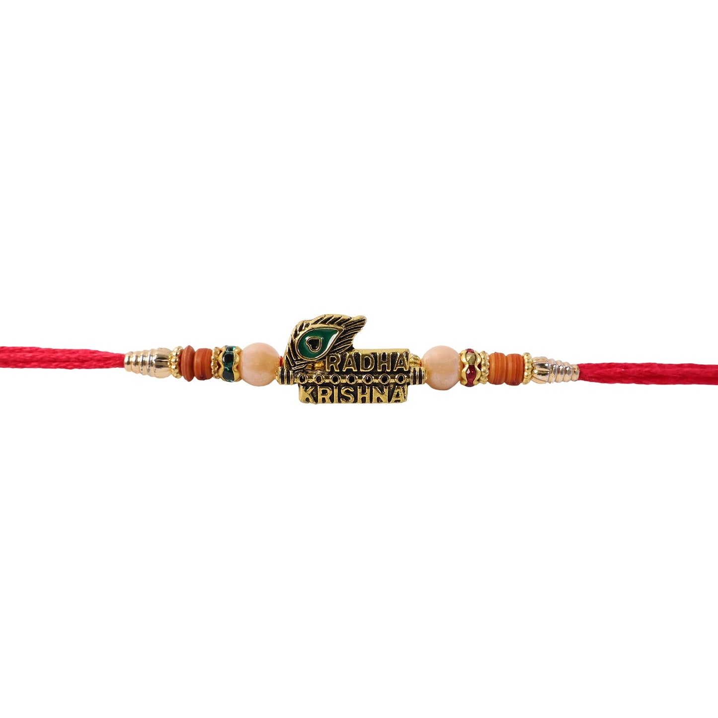 Radha Krishna Peacock Feather Stone Studded Gold Tone Rakhi for Brother