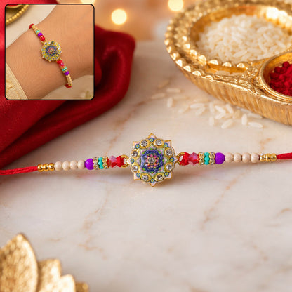 Floral Mandala Multicolor Enamel Stone Studded Gold Tone Rakhi for Brother