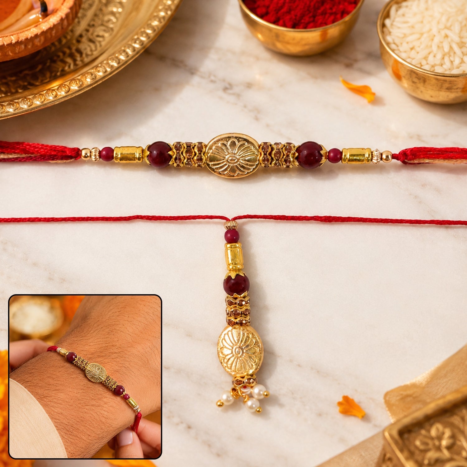 Floral Gold Tone Bead Oval Charm Bhaiya Bhabhi Rakhi Set