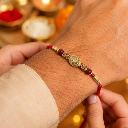 Floral Gold Tone Bead Oval Charm Bhaiya Bhabhi Rakhi Set