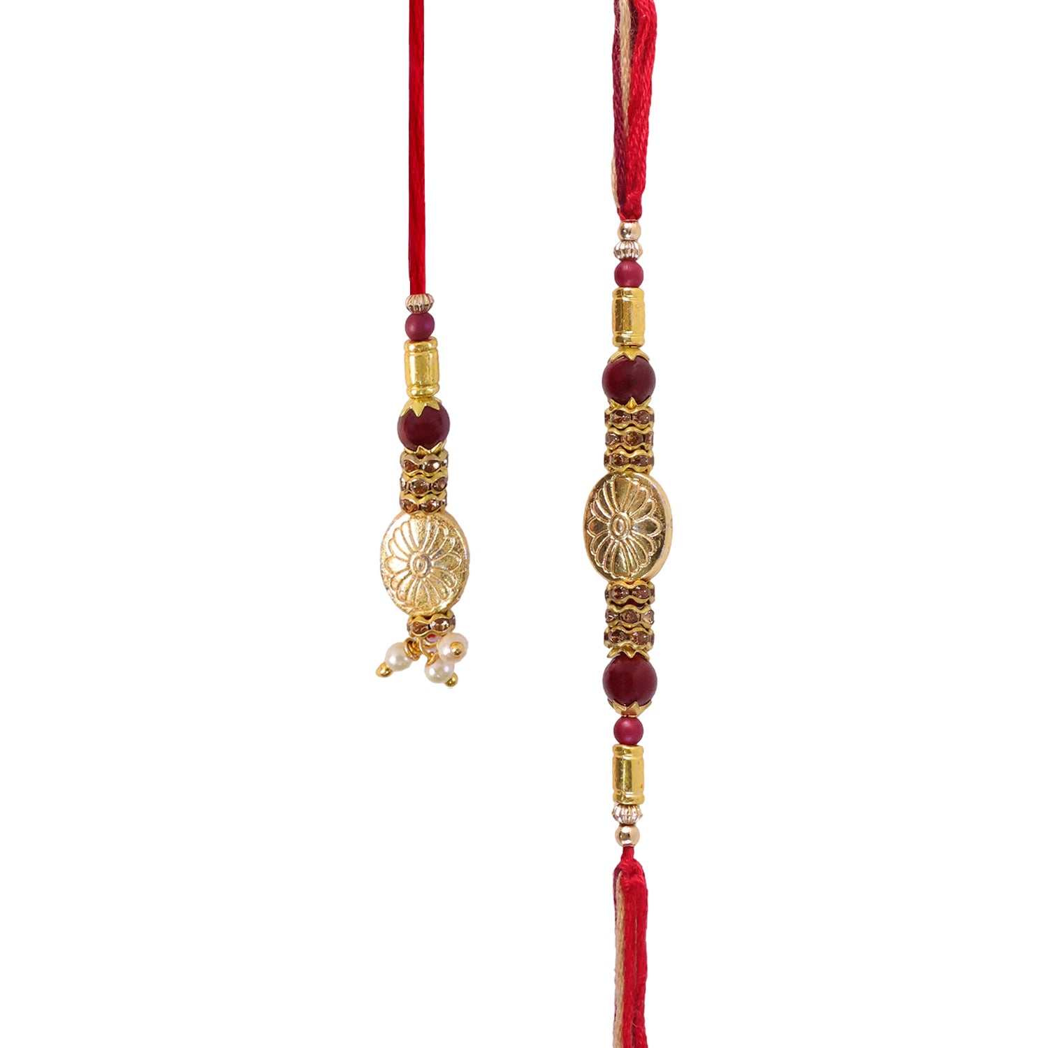 Floral Gold Tone Bead Oval Charm Bhaiya Bhabhi Rakhi Set