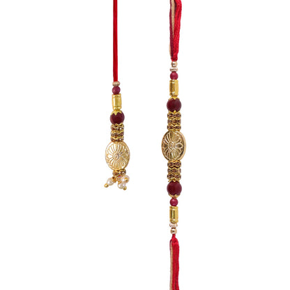 Floral Gold Tone Bead Oval Charm Bhaiya Bhabhi Rakhi Set