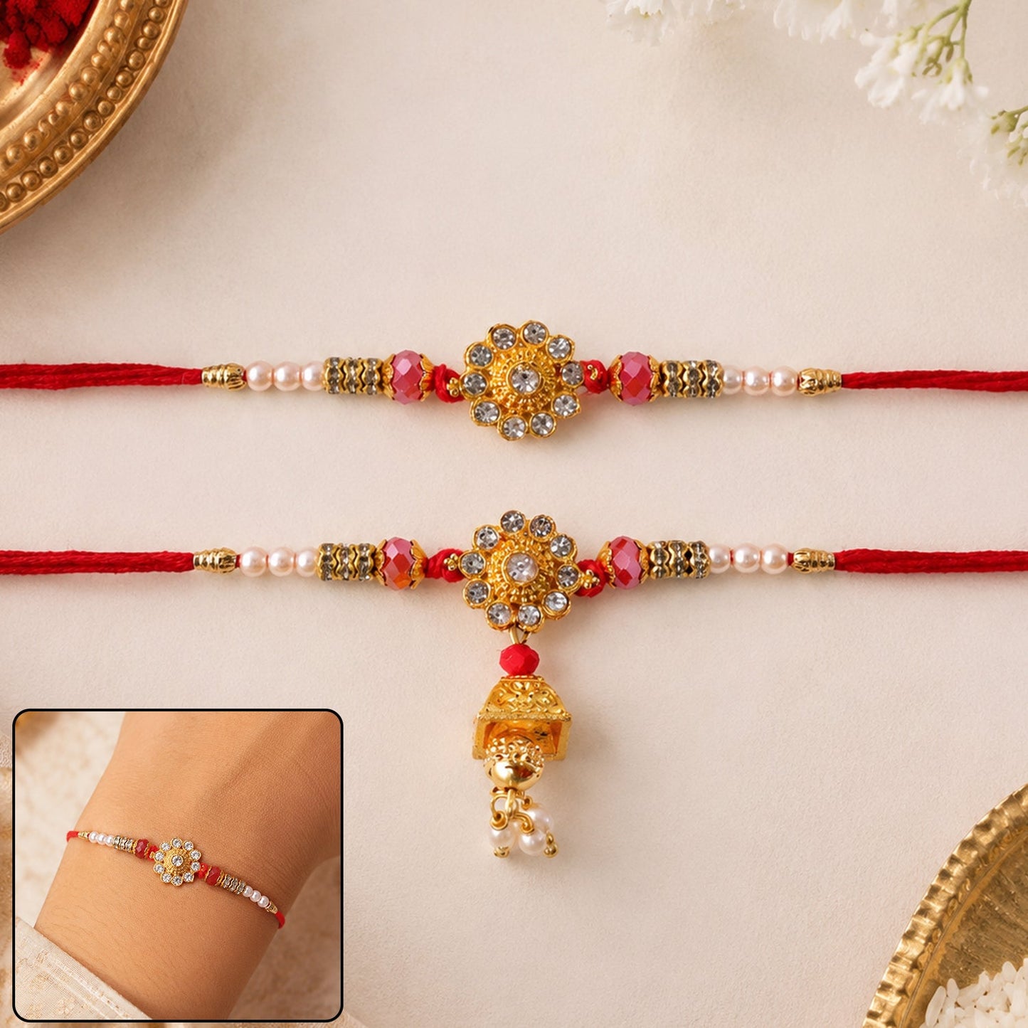 Diamond Flower Golden Tone Pearl Bead Jhumki Bhaiya Bhabhi Rakhi Set