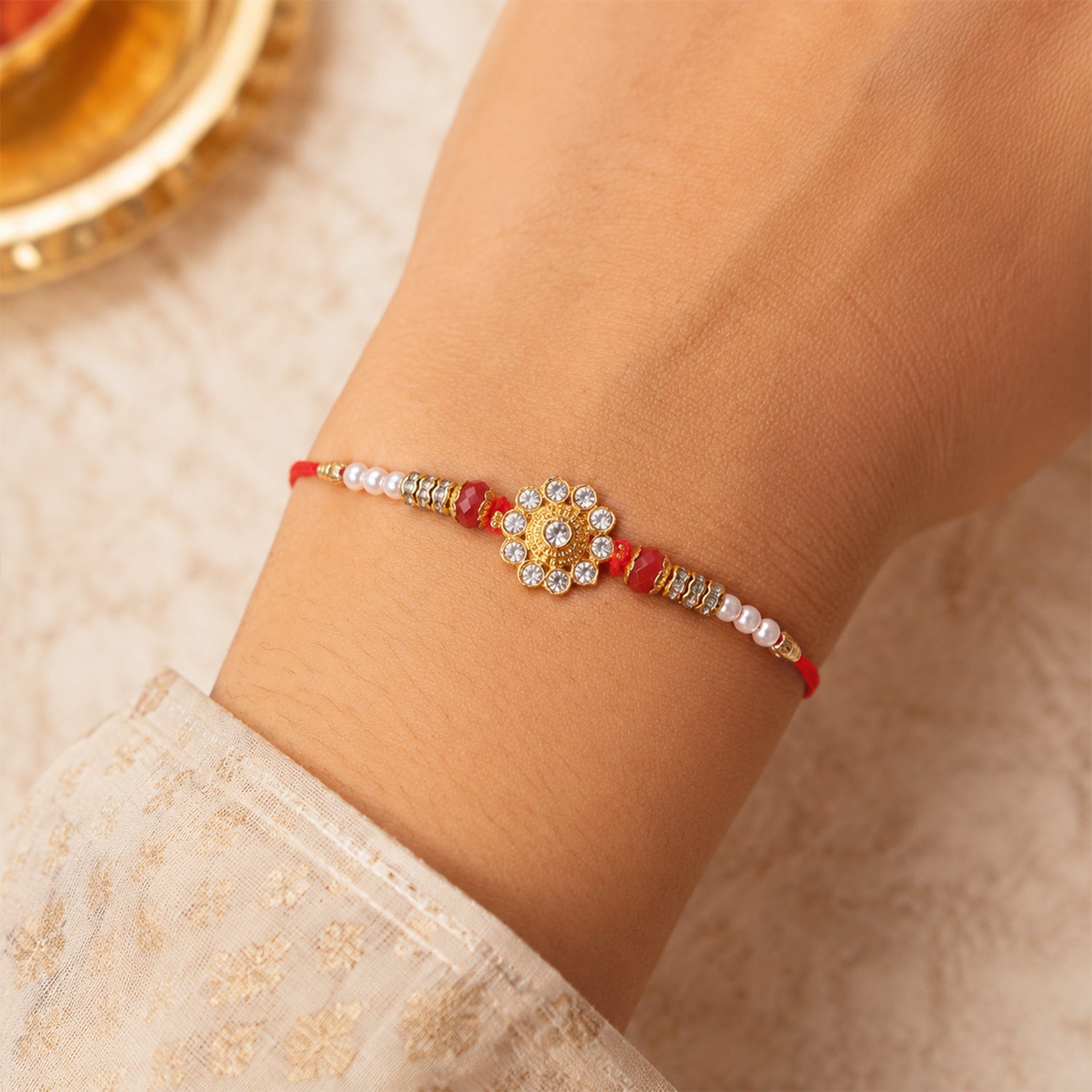 Diamond Flower Golden Tone Pearl Bead Jhumki Bhaiya Bhabhi Rakhi Set