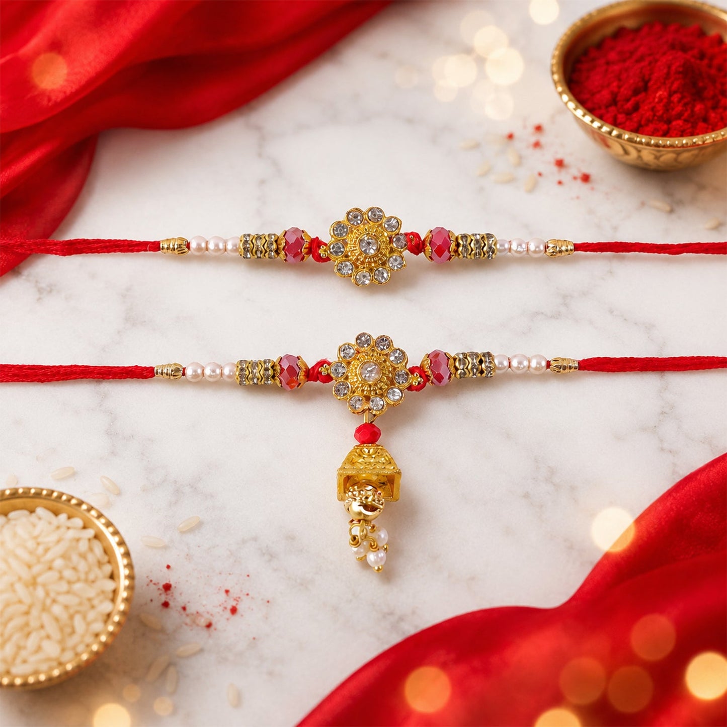 Diamond Flower Golden Tone Pearl Bead Jhumki Bhaiya Bhabhi Rakhi Set