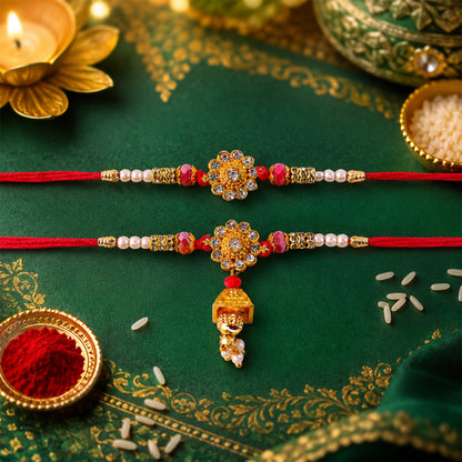Diamond Flower Golden Tone Pearl Bead Jhumki Bhaiya Bhabhi Rakhi Set