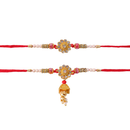 Diamond Flower Golden Tone Pearl Bead Jhumki Bhaiya Bhabhi Rakhi Set