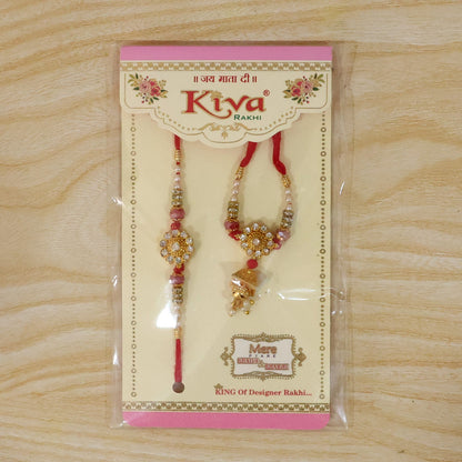 Diamond Flower Golden Tone Pearl Bead Jhumki Bhaiya Bhabhi Rakhi Set