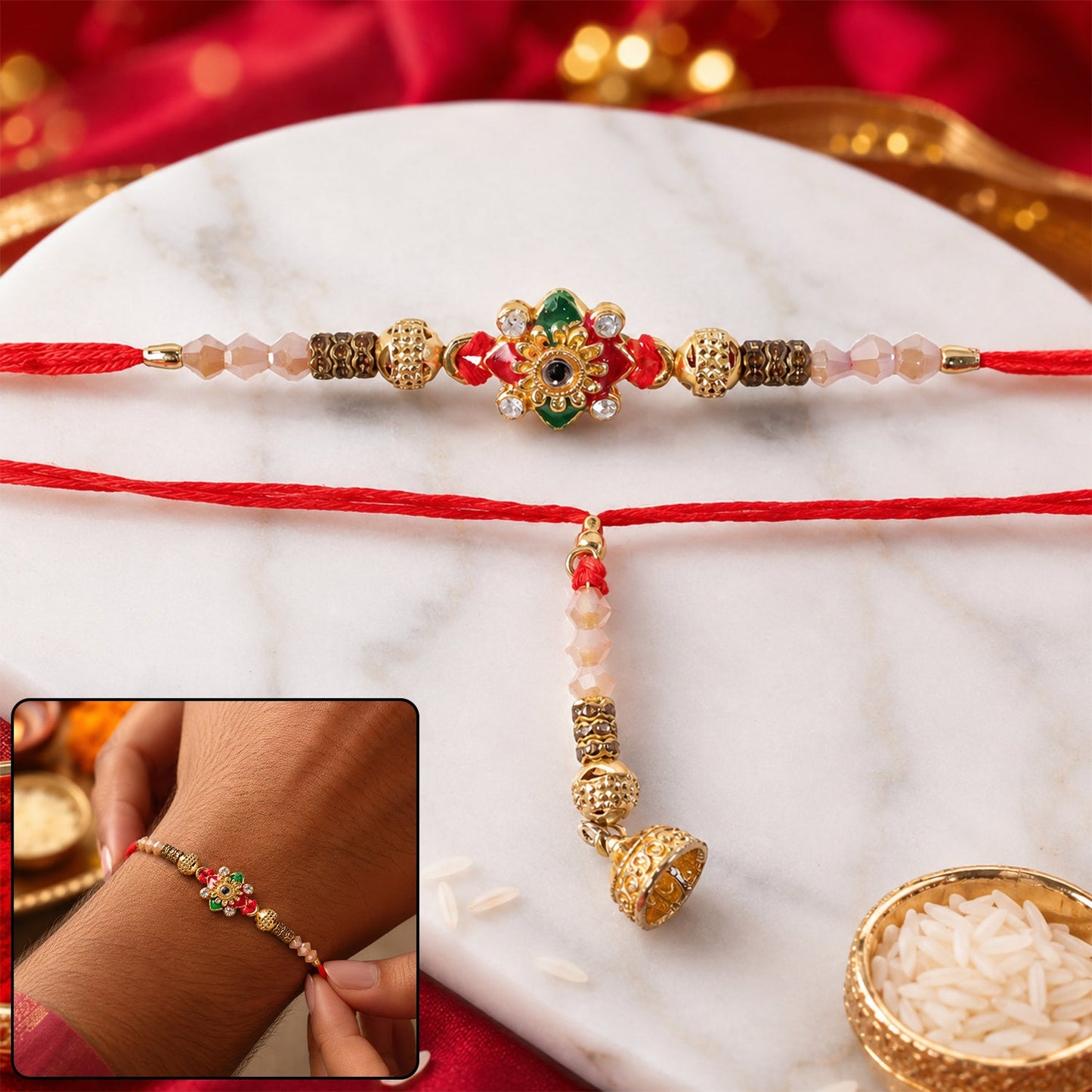Red Green Enamel Floral Crystal Bead Golden Tone Bhaiya Bhabhi Rakhi Set
