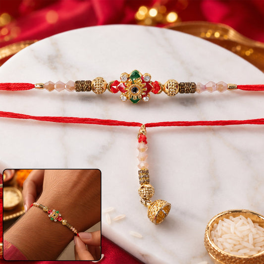Red Green Enamel Floral Crystal Bead Golden Tone Bhaiya Bhabhi Rakhi Set