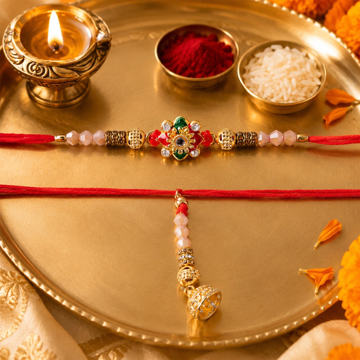 Red Green Enamel Floral Crystal Bead Golden Tone Bhaiya Bhabhi Rakhi Set