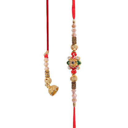 Red Green Enamel Floral Crystal Bead Golden Tone Bhaiya Bhabhi Rakhi Set