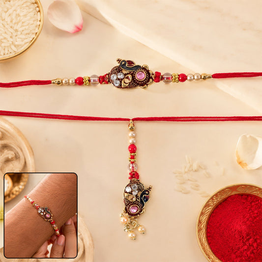 Antique Peacock Stone Studded Golden Tone Bhaiya Bhabhi Rakhi Set