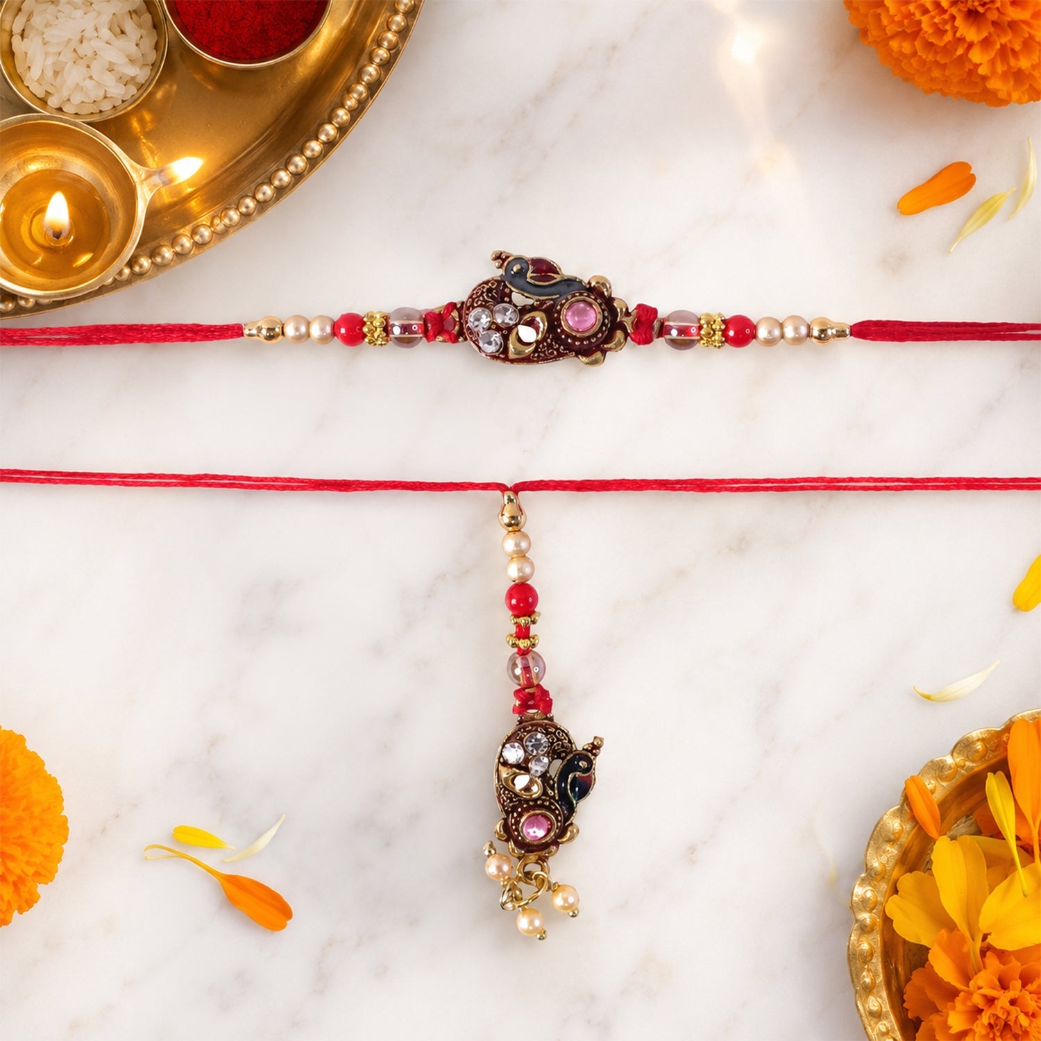 Antique Peacock Stone Studded Golden Tone Bhaiya Bhabhi Rakhi Set