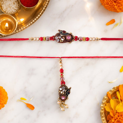 Antique Peacock Stone Studded Golden Tone Bhaiya Bhabhi Rakhi Set
