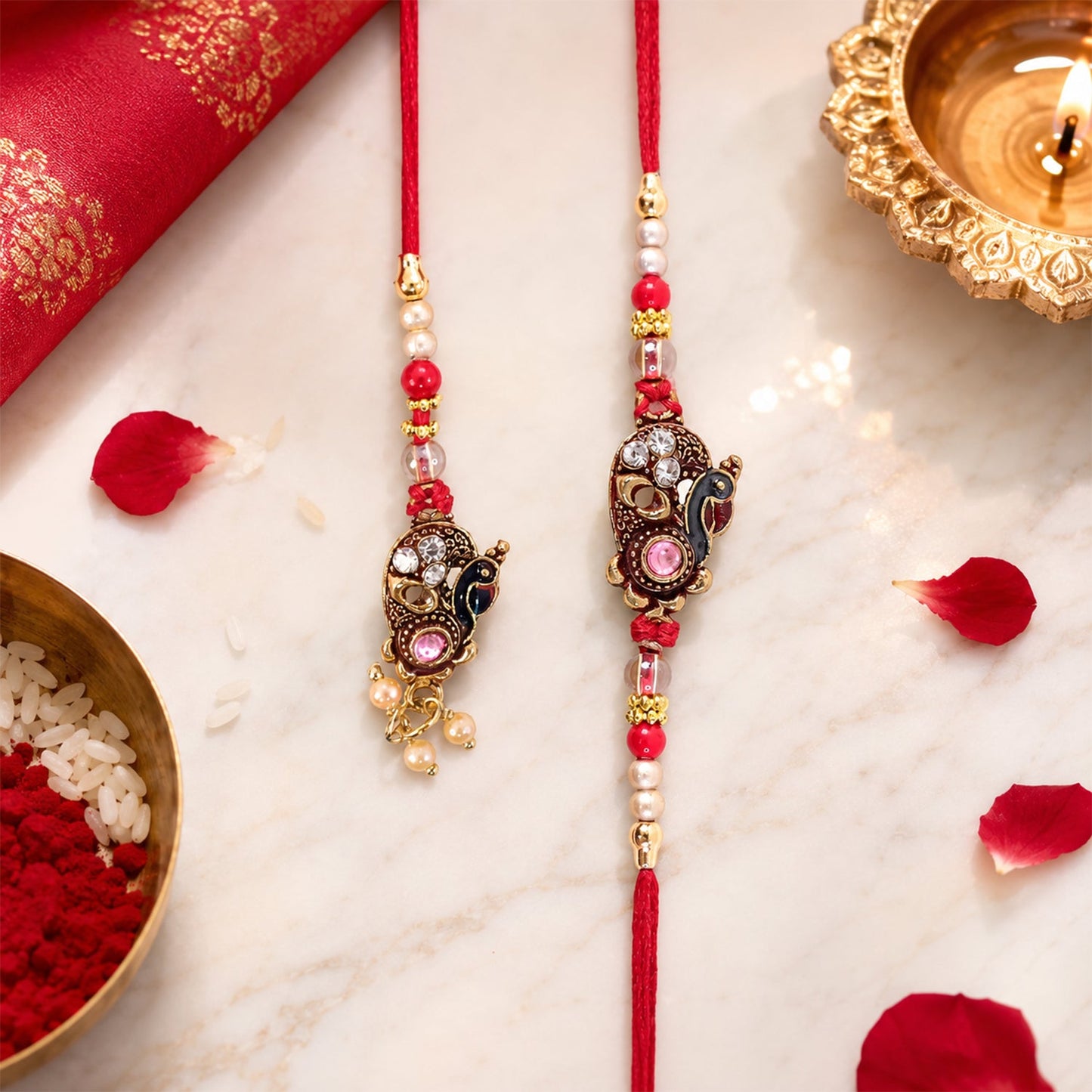 Antique Peacock Stone Studded Golden Tone Bhaiya Bhabhi Rakhi Set