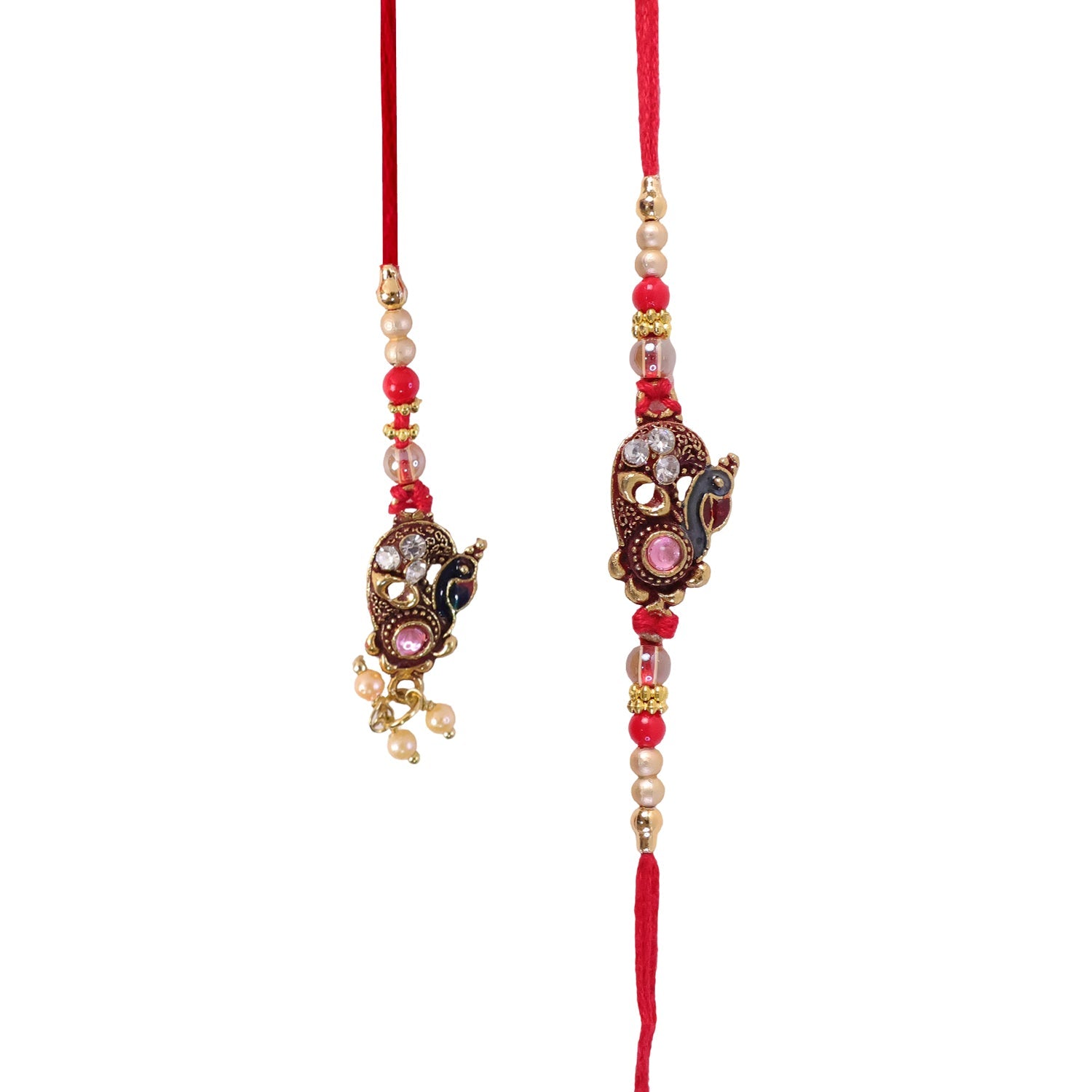 Antique Peacock Stone Studded Golden Tone Bhaiya Bhabhi Rakhi Set