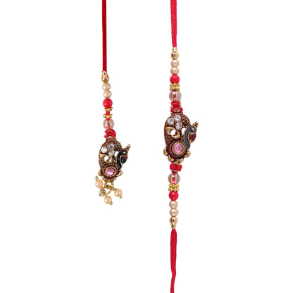 Antique Peacock Stone Studded Golden Tone Bhaiya Bhabhi Rakhi Set