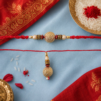 Golden Round Pearl Bead Textured Gold Tone Bhaiya Bhabhi Rakhi Set