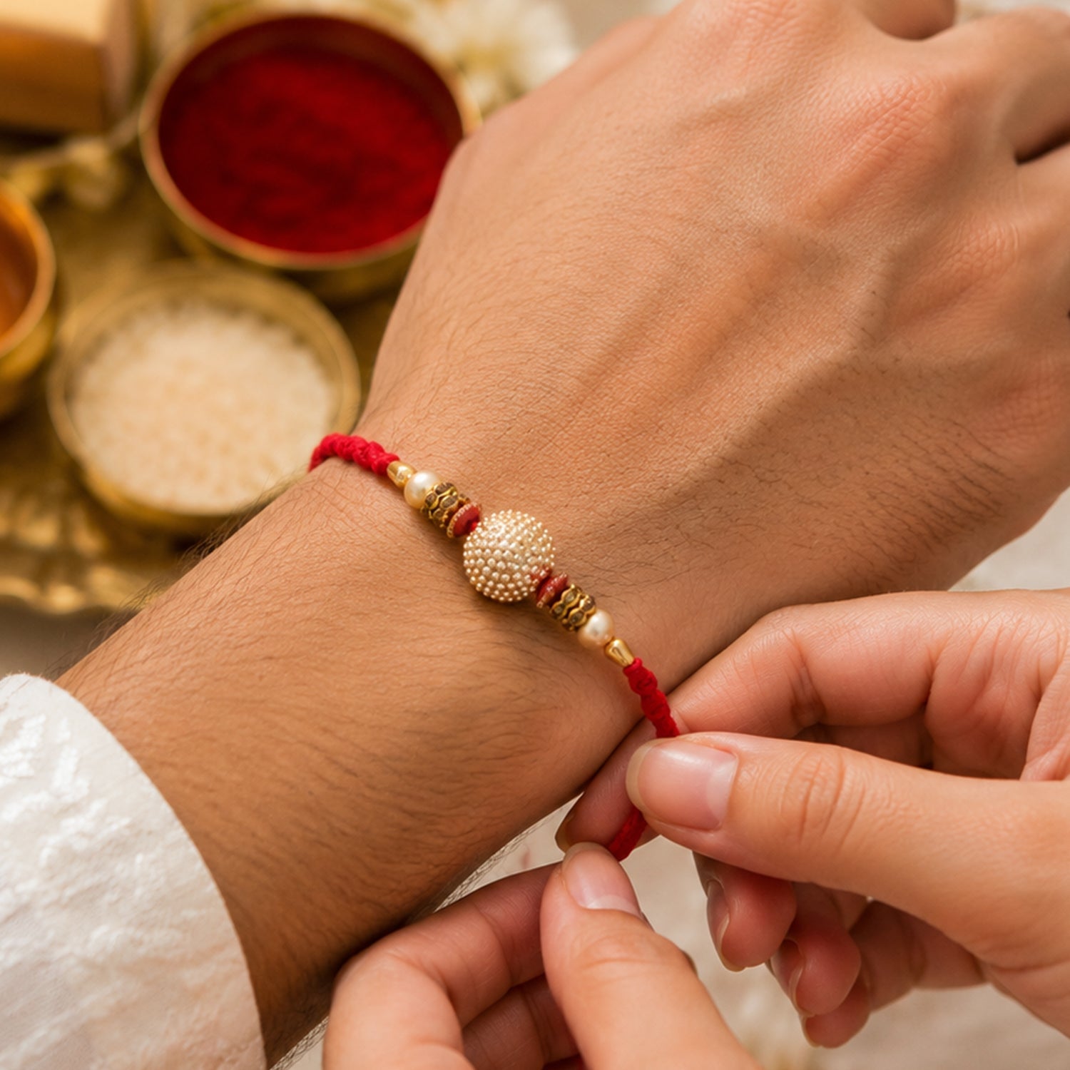 Golden Round Pearl Bead Textured Gold Tone Bhaiya Bhabhi Rakhi Set