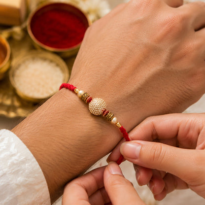 Golden Round Pearl Bead Textured Gold Tone Bhaiya Bhabhi Rakhi Set