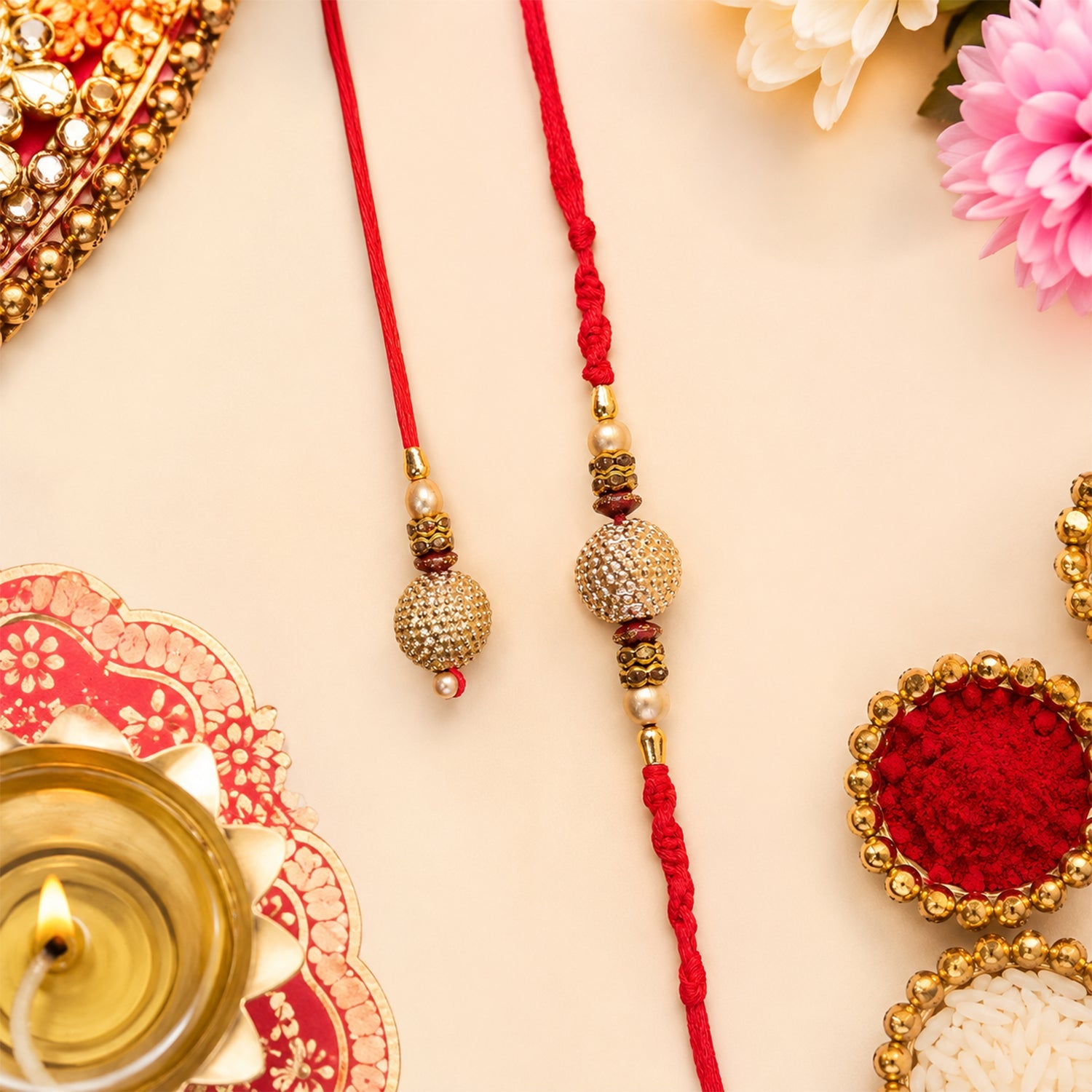 Golden Round Pearl Bead Textured Gold Tone Bhaiya Bhabhi Rakhi Set