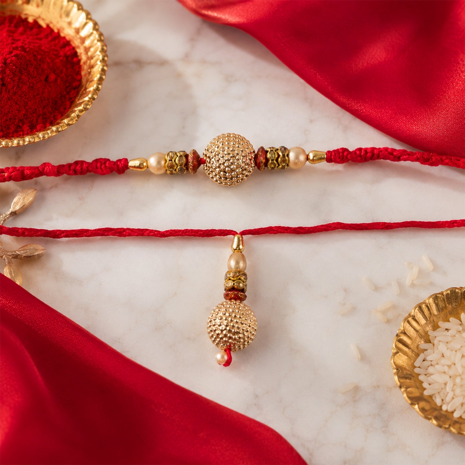 Golden Round Pearl Bead Textured Gold Tone Bhaiya Bhabhi Rakhi Set