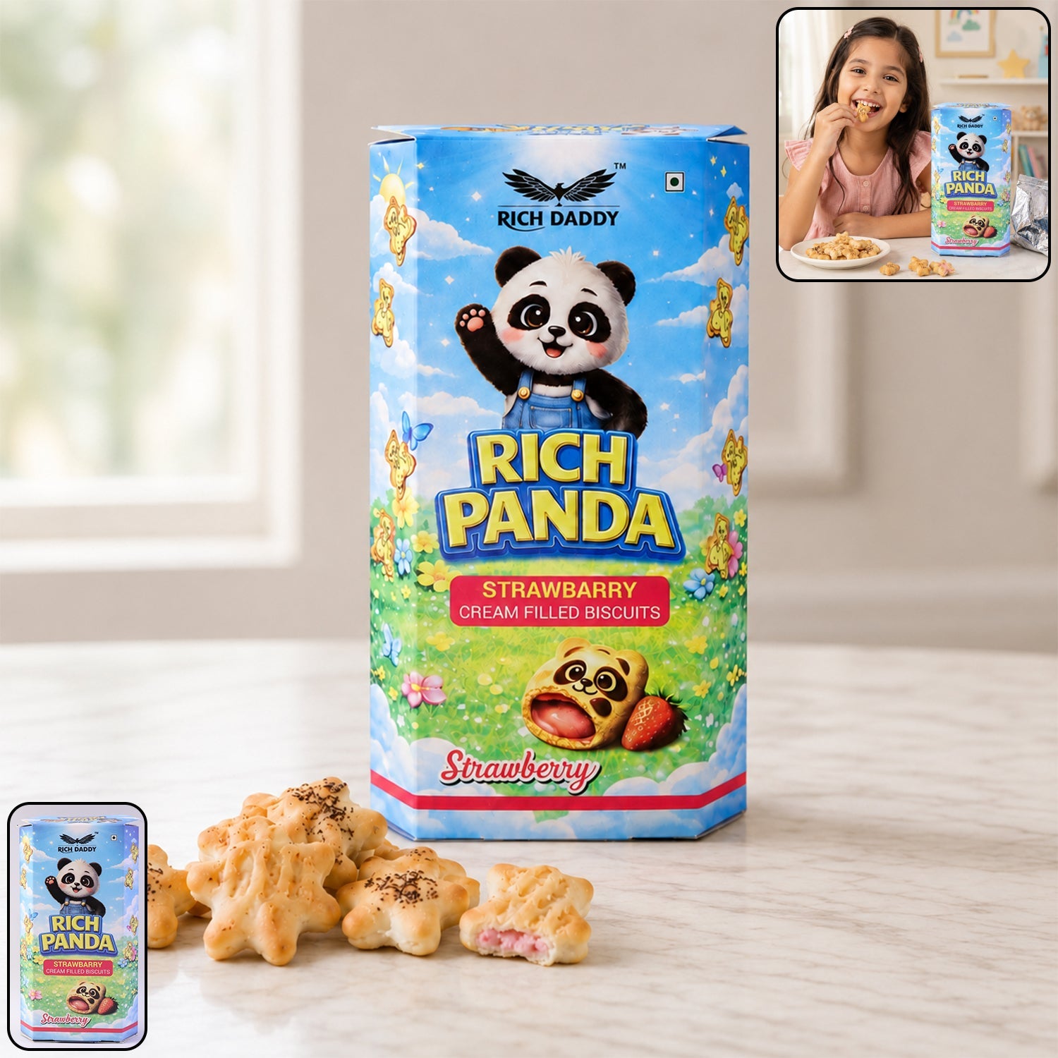 Rich Daddy Rich Panda Strawberry Cream Filled Biscuits (60 Gm)