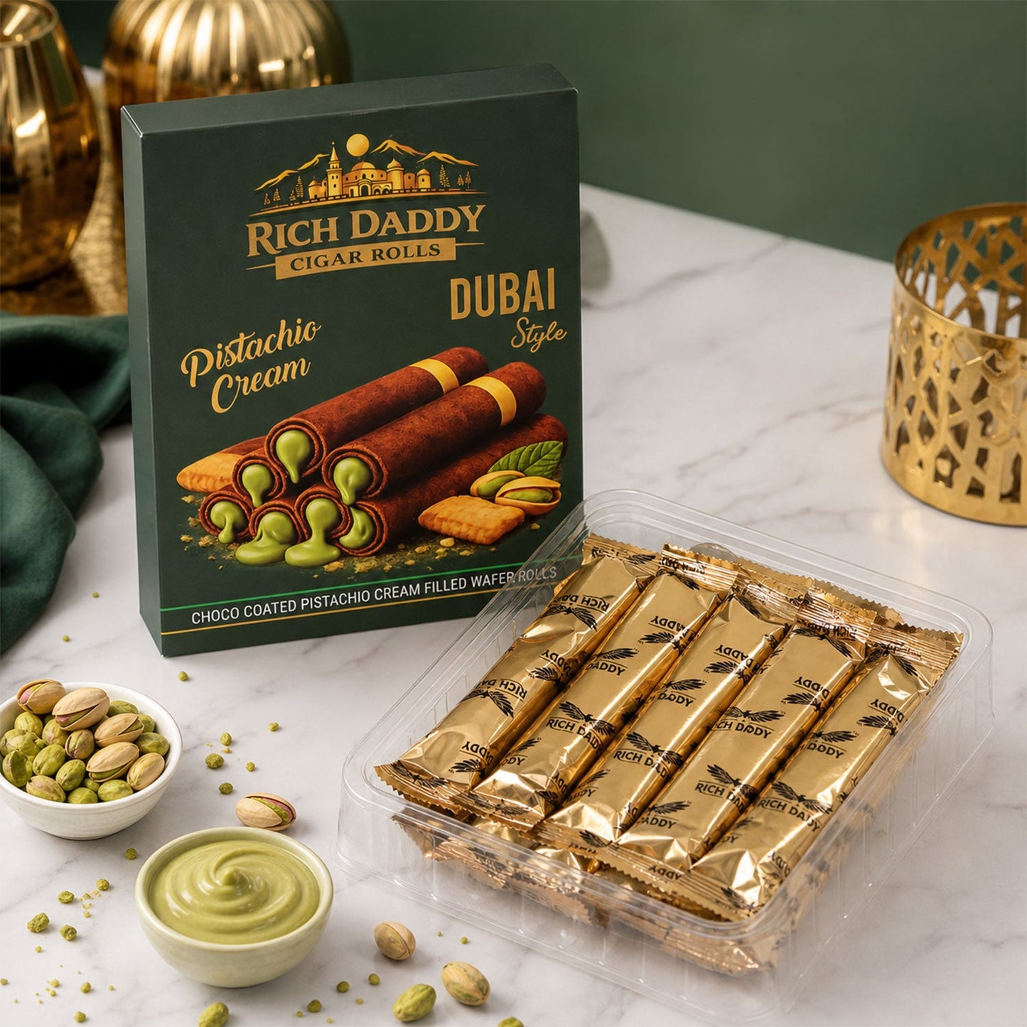 Rich Daddy Cigar Rolls – Pistachio Cream Filled Wafer Rolls (145 Gm)
