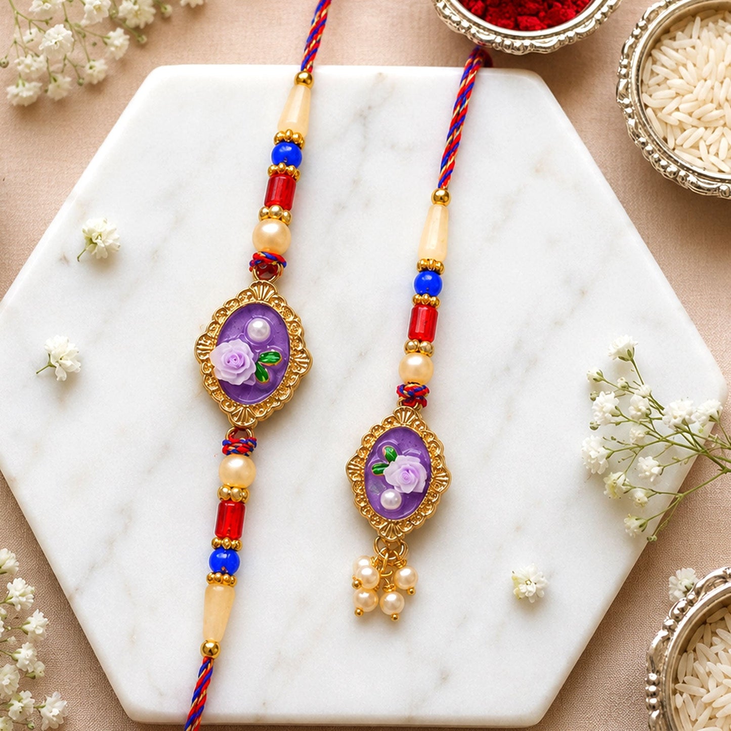 Rose Enamel Pearl Bead Bhaiya Bhabhi Rakhi Set Rakshabandhan