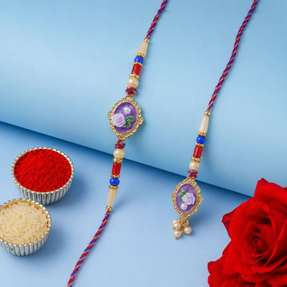 Rose Enamel Pearl Bead Bhaiya Bhabhi Rakhi Set Rakshabandhan