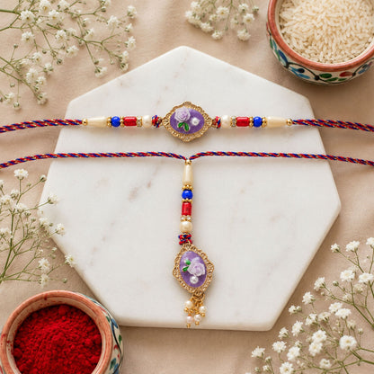 Rose Enamel Pearl Bead Bhaiya Bhabhi Rakhi Set Rakshabandhan