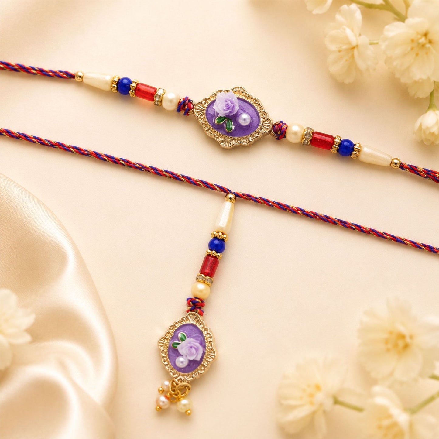 Rose Enamel Pearl Bead Bhaiya Bhabhi Rakhi Set Rakshabandhan