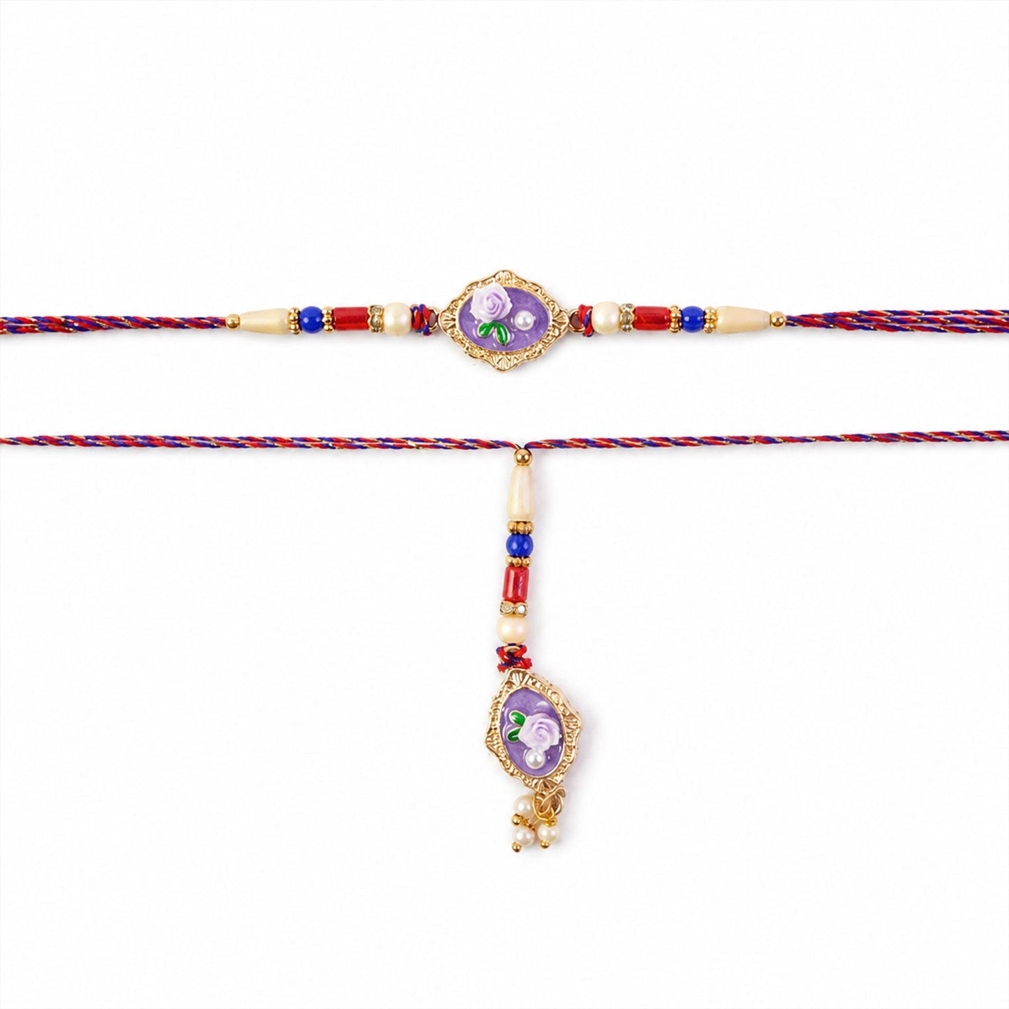 Rose Enamel Pearl Bead Bhaiya Bhabhi Rakhi Set Rakshabandhan