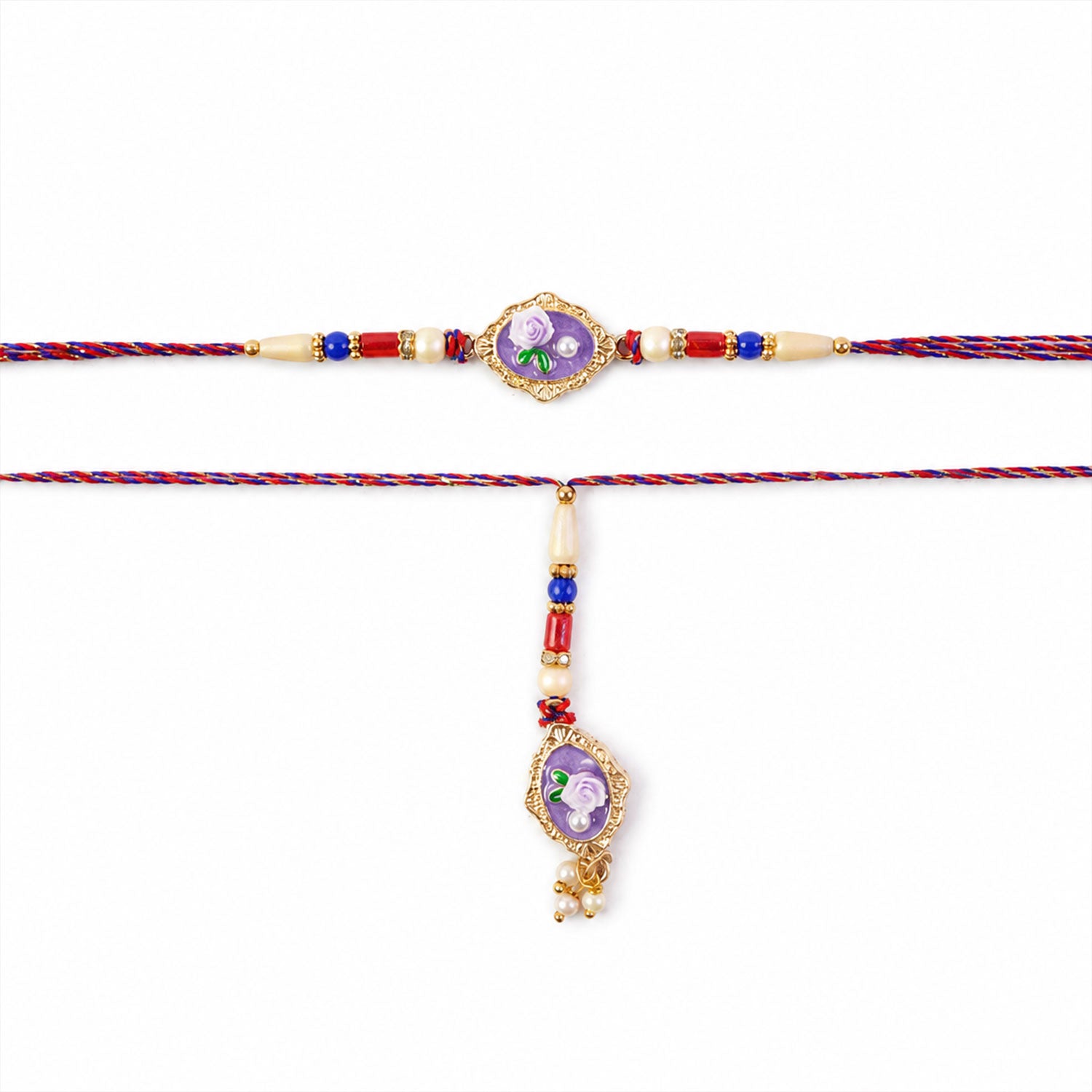 Rose Enamel Pearl Bead Bhaiya Bhabhi Rakhi Set Rakshabandhan