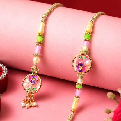 Enamel Floral Round Charm Pearl Bead Bhaiya Bhabhi Rakhi Rakshabandhan