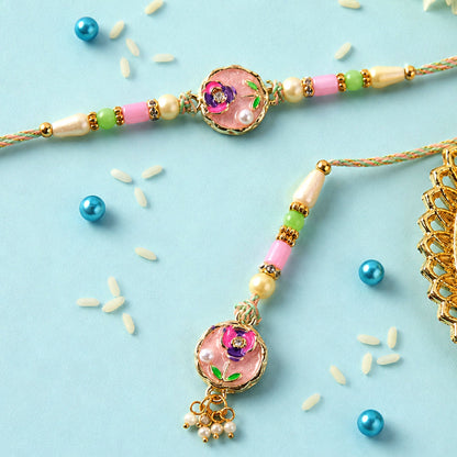 Enamel Floral Round Charm Pearl Bead Bhaiya Bhabhi Rakhi Rakshabandhan