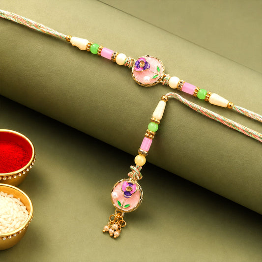 Enamel Floral Round Charm Pearl Bead Bhaiya Bhabhi Rakhi Rakshabandhan