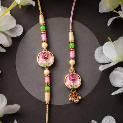 Enamel Floral Round Charm Pearl Bead Bhaiya Bhabhi Rakhi Rakshabandhan