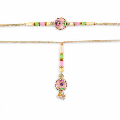 Enamel Floral Round Charm Pearl Bead Bhaiya Bhabhi Rakhi Rakshabandhan