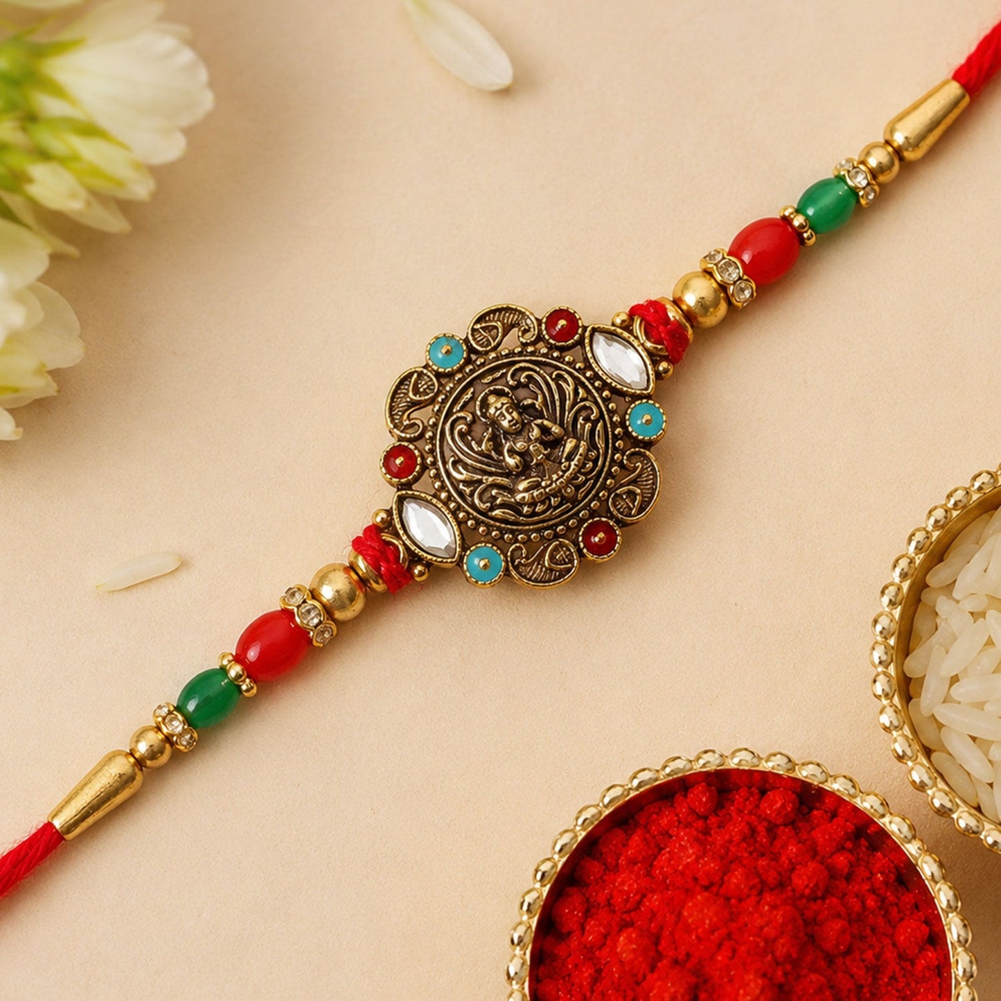 Antique Golden Divine Kundan Stone Bead Rakhi Rakshabandhan