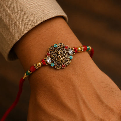 Antique Golden Divine Kundan Stone Bead Rakhi Rakshabandhan