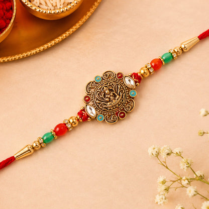 Antique Golden Divine Kundan Stone Bead Rakhi Rakshabandhan