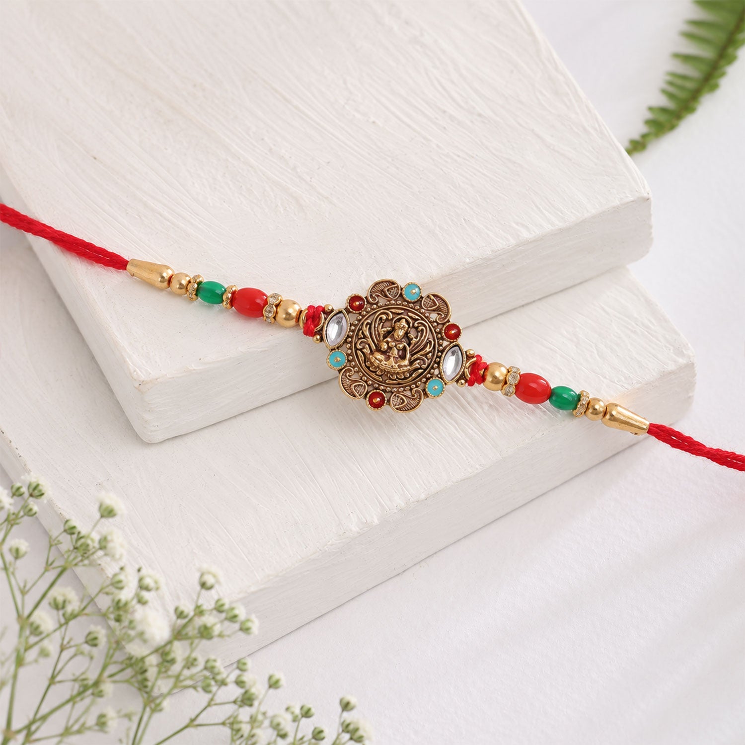 Antique Golden Divine Kundan Stone Bead Rakhi Rakshabandhan