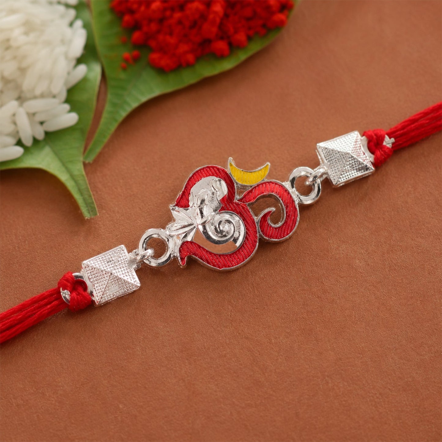 Silver Om Ganesha Enamel Pyramid Bead Rakhi Rakshabandhan