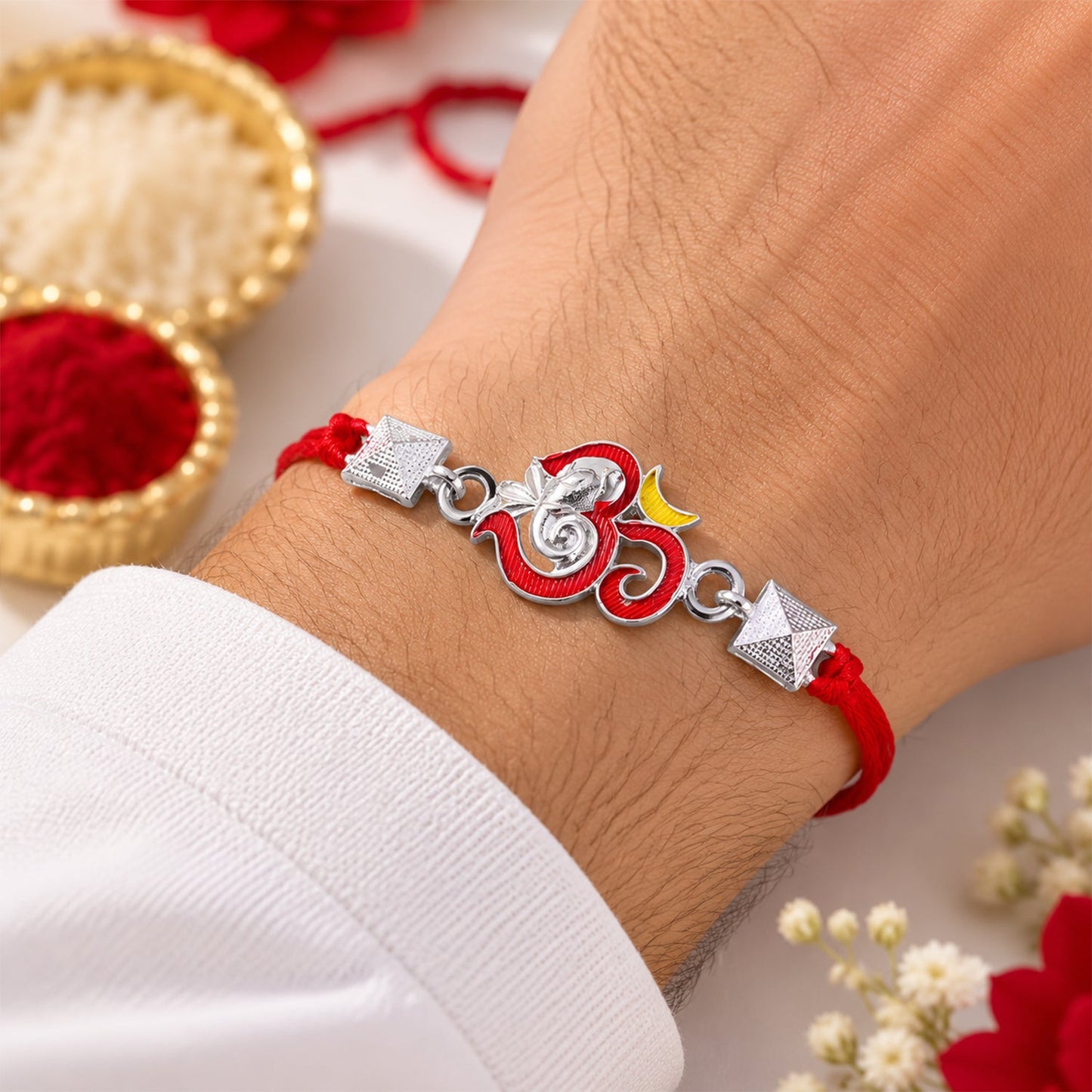 Silver Om Ganesha Enamel Pyramid Bead Rakhi Rakshabandhan