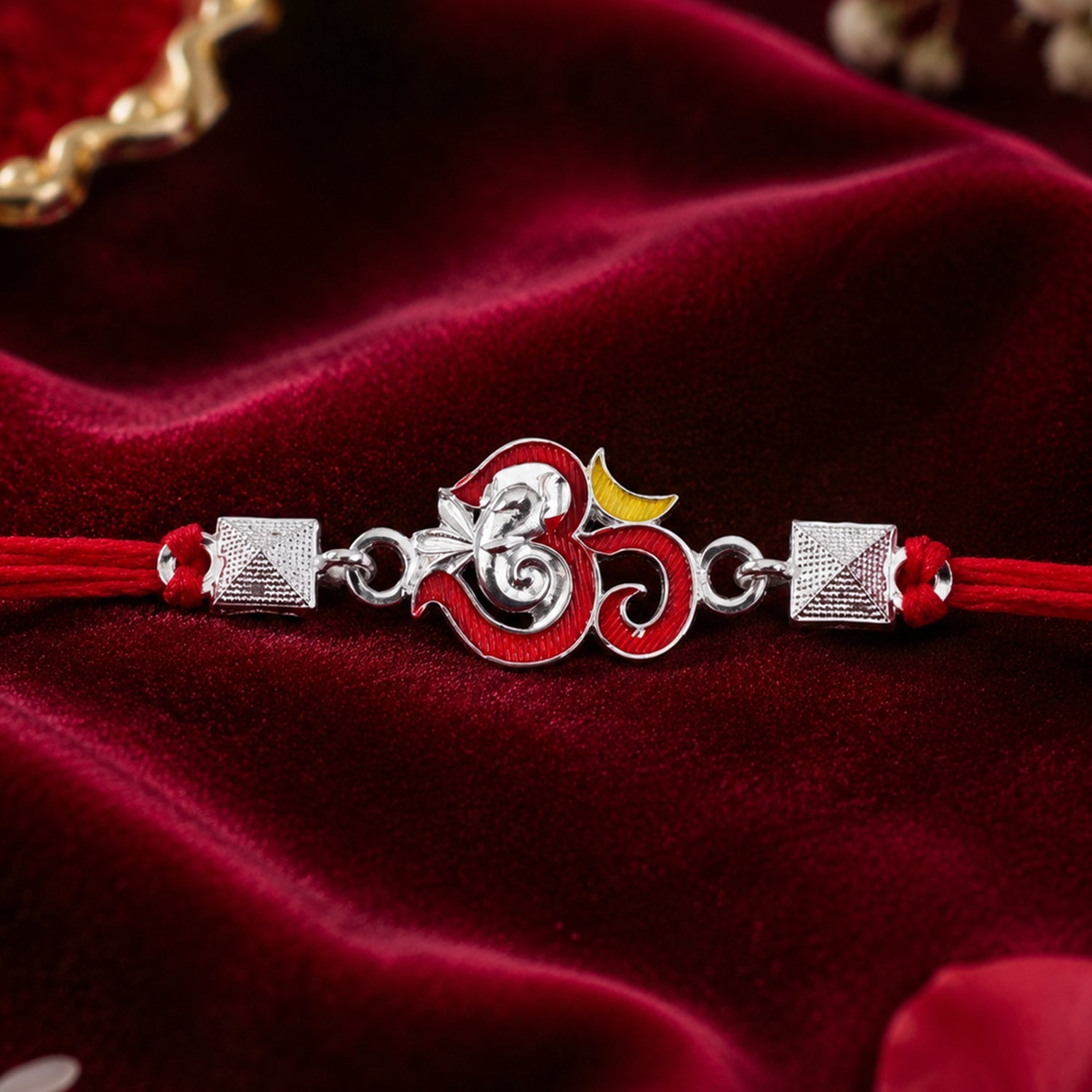 Silver Om Ganesha Enamel Pyramid Bead Rakhi Rakshabandhan