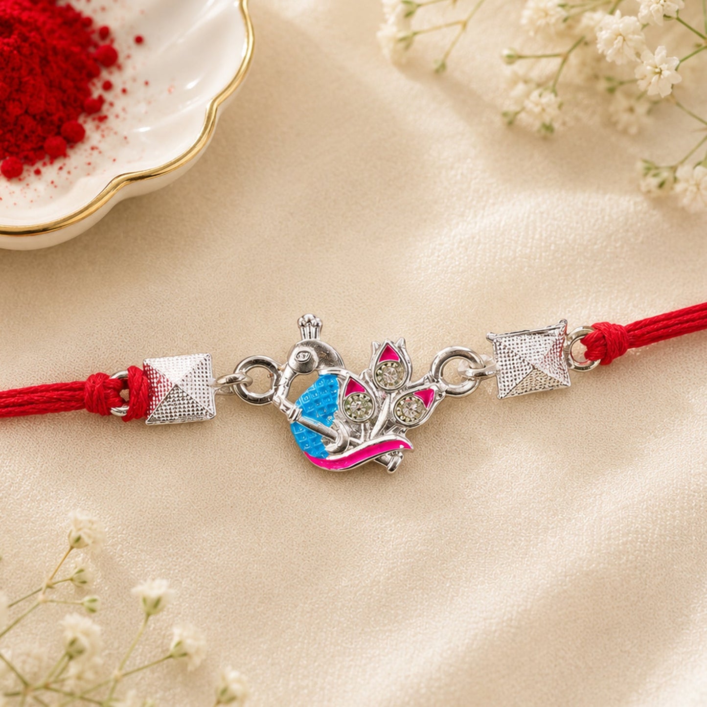 Silver Peacock Enamel Bead Rakhi Rakshabandhan