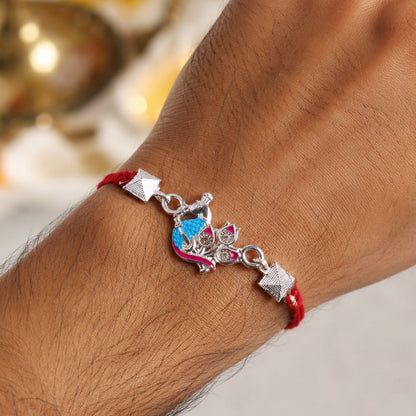 Silver Peacock Enamel Bead Rakhi Rakshabandhan