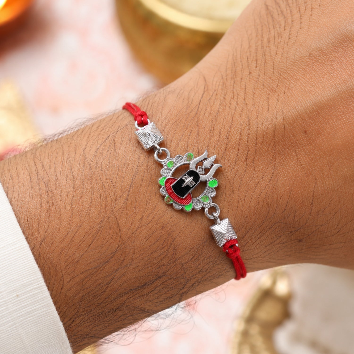 Silver Shiv Lingam Trishul Enamel Bead Rakhi Rakshabandhan